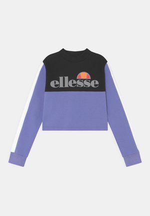 Sudadera corta de manga larga con parte superior del pecho en negro y cuerpo y mangas inferiores en púrpura, franjas blancas en las mangas y logotipo "ellesse" con gráfico naranja.