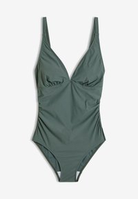 Maillot de bain une pièce en tissu vert foncé, avec un décolleté en V profond, des détails froncés au niveau de la poitrine et des ouvertures de jambe hautes. Texture lisse.