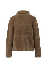 Brauner gestrickter Pullover mit strukturierter Oberfläche, weitem Kragen und gerippten Bündchen. Die Rückseite zeigt eine kastige Silhouette mit genähten Mustern.