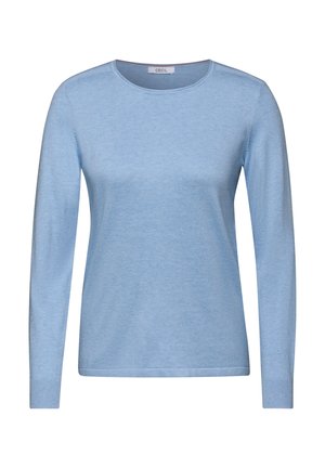 Chemise à manches longues bleu clair en tissu doux. Présente un col rond et des poignets côtelés. Design simple et sans ornements.