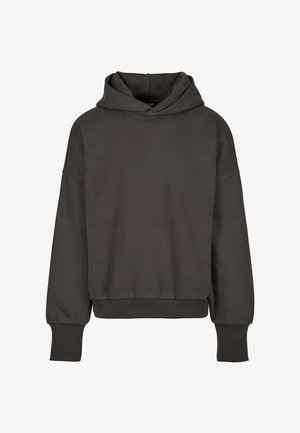 Sötétszürke kapucnis pulóver, puha anyagból készült, laza szabású, elől zsebes, bordás mandzsettákkal és nagy kapucnival.