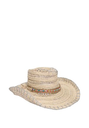 Cappello da cowboy di paglia con tesa larga, cuciture grigie lungo i bordi e due fasce con perline — una con perline colorate e una con la scritta "SMILE".