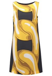 Robe noire sans manches avec un motif audacieux, abstrait jaune et blanc en forme de chaîne, courant verticalement sur le devant.