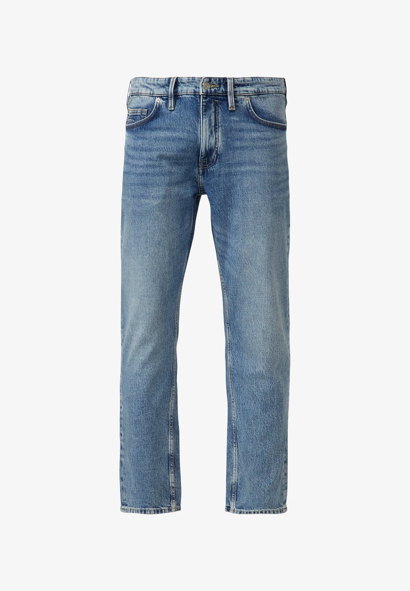 Hellblaue Denim-Jeans mit geradem Bein, Fünf-Taschen-Stil, sichtbaren Nähten und klassischem Knopf- und Reißverschluss.