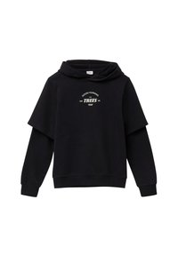Zwarte hoodie met korte mouwen, voorzien van een witte bedrukking met de tekst "GOEDE MENSEN REDDEN BOMEN" op de voorkant. Zachte textuur.