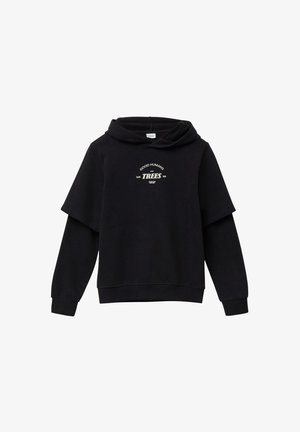 Felpa nera con cappuccio e maniche corte, con un design stampato bianco che recita "I BUONI UOMINI SALVANO GLI ALBERI" sul davanti. Texture morbida.