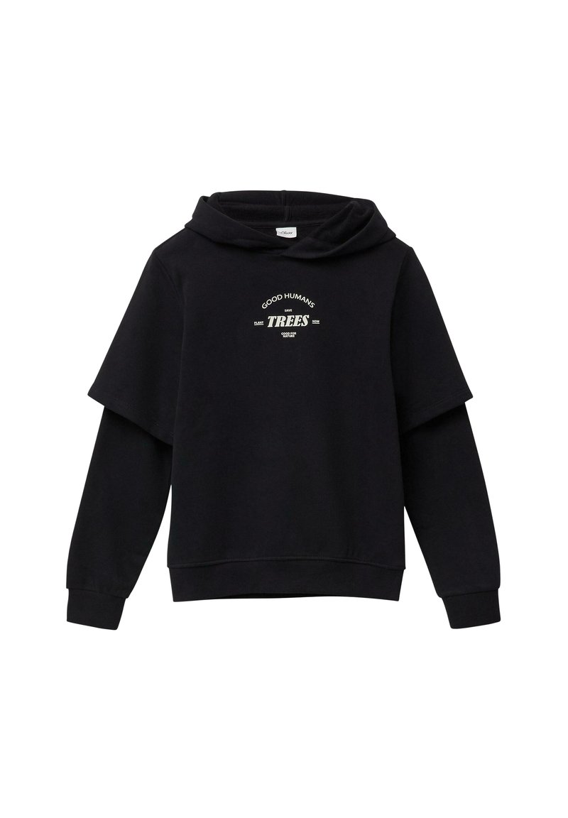 Zwarte hoodie met korte mouwen, voorzien van een witte bedrukking met de tekst "GOEDE MENSEN REDDEN BOMEN" op de voorkant. Zachte textuur.