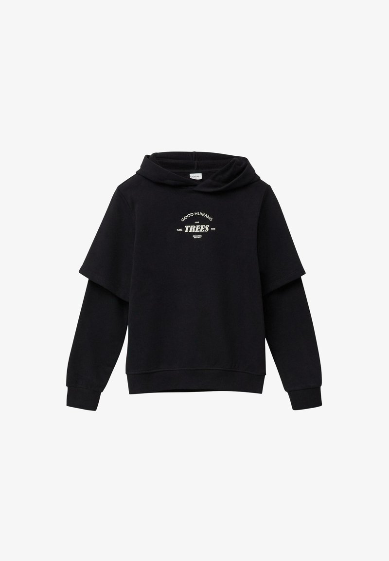 Črna kapuca majica s kratkimi rokavi, z belim tiskanim napisom "DOBRI LJUDJE REŠUJEJO DREVESA" na sprednji strani. Mehka tekstura.