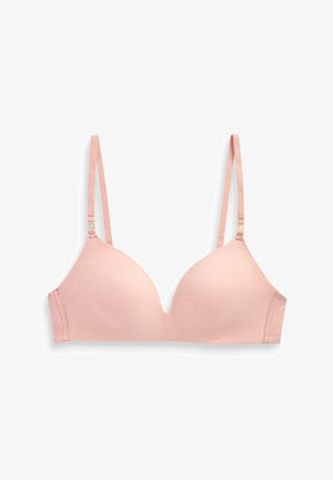 Párnázott melltartó puha rózsaszín anyagból, sima textúrával. Állítható pántokkal és mély dekoltázzsal rendelkezik, amely kiegészíti a varrás nélküli széleket.