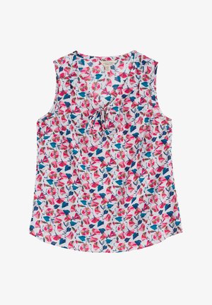 Bezrękawnik z lekkiej tkaniny, zdobiony wielokolorowym, kwiatowym wzorem z różowymi, niebieskimi i beżowymi akcentami. Związany przy dekolcie.