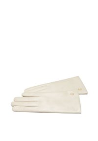 Cremfarbene Lederhandschuhe mit drei Nähten an jedem Finger und einem goldenen Logo-Detail am Handgelenk. Glatte Oberfläche, langes Design, ungefüttertes Innenleben.