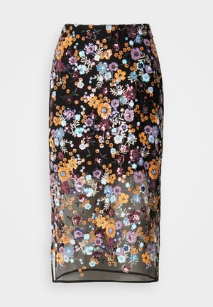 Floral embroidered pencil skirt with a sheer black fabric. Features multicolored flowers in orange, purple, and blue. Slim fit design.