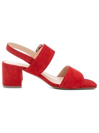 Red suede open-toe sandal with block heel, wide front and ankle straps, and adjustable buckle on the side.