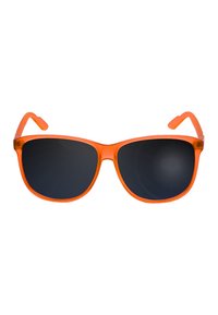 Ochelari de soare din plastic portocalii cu lentile întunecate, având o finisare netedă și brațe conice, modelați într-un stil clasic supradimensionat.