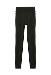 Svarta leggings tillverkade av stretchigt material, med hög midja, sidofickor och en slät yta. Inga synliga mönster eller detaljer.