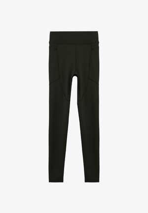 Leggings noirs en matériau extensible, dotés d'une taille haute, de poches latérales et d'une texture lisse. Aucune motif ou accent visible.