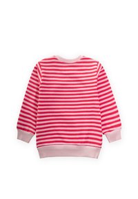 Felpa a righe rossa e rosa con maniche lunghe, collo tondo e polsini e orlo a costine. Tessuto morbido con una texture liscia.