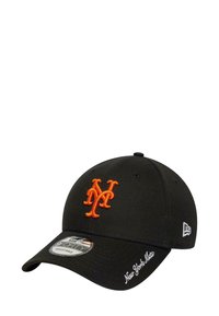 Black baseball cap with orange "NY" logo, adjustable, featuring a curved brim and embroidered "New York Mets" on the side.