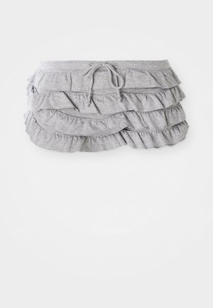 Gray ruffled skirt with layered fabric design, drawstring waistband, soft texture, finished edges, and cascading ruffles.