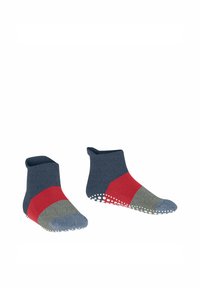Chaussettes en mélange de coton avec un design court à la cheville, corps bleu foncé, accents rouge et gris, et points de grip en caoutchouc blanc sur la semelle.