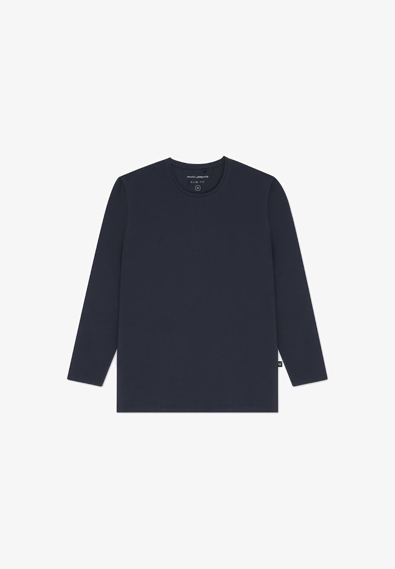 Granatowa koszulka z długim rękawem wykonana z bawełny. Posiada okrągły dekolt, slim fit oraz małą metkę z logo po boku.