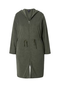 Olivově zelená mikina s kapsou na zip, se stahovací šňůrkou v pase, dlouhými rukávy a měkkou, strukturovanou tkaninou. Obsahuje přední zip a kapuci.