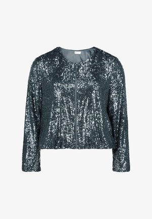 Kurzärmeliges Zip-Jacket mit cropped Design, bedeckt mit dunkelgrauen Pailletten, ausgestattet mit einem einfachen Rundhalsausschnitt und elastischen Bündchen.