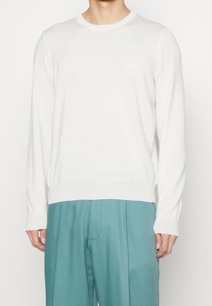 Mand iført almindelig hvid langærmet sweater og løse teal bukser, stående mod en hvid baggrund, hovedet er ikke synligt.
