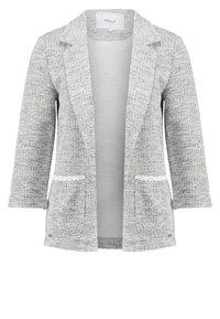 Blazer femme gris clair texturé avec deux poches avant et un col à revers cranté, présenté sur un fond blanc.