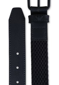 Cintura blu navy con punta in pelle liscia, fori perforati e centro in tessuto intrecciato, fissata con una fibbia in metallo nero.