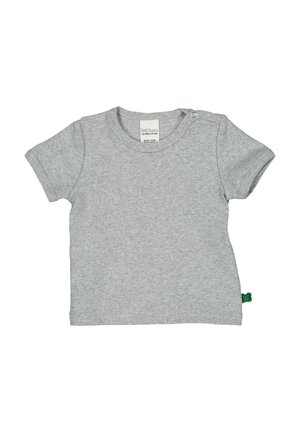 Harmaa lyhythihainen T-paita, joka on valmistettu ribbed-puuvillasta. Paidassa on pyöreä kaula-aukko ja kaksi nappia olkapäällä, jotka helpottavat pukemista.