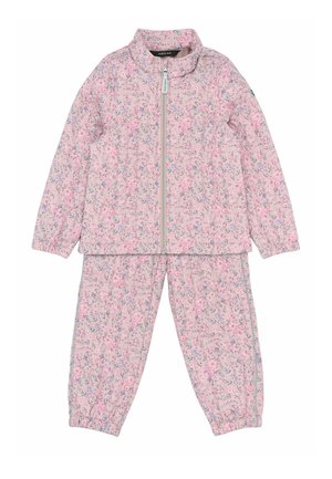 Børnesæt i to dele med pink blomsterprint, lynlåstrøje med elastiske manchetter og matchende bukser med elastisk kant.