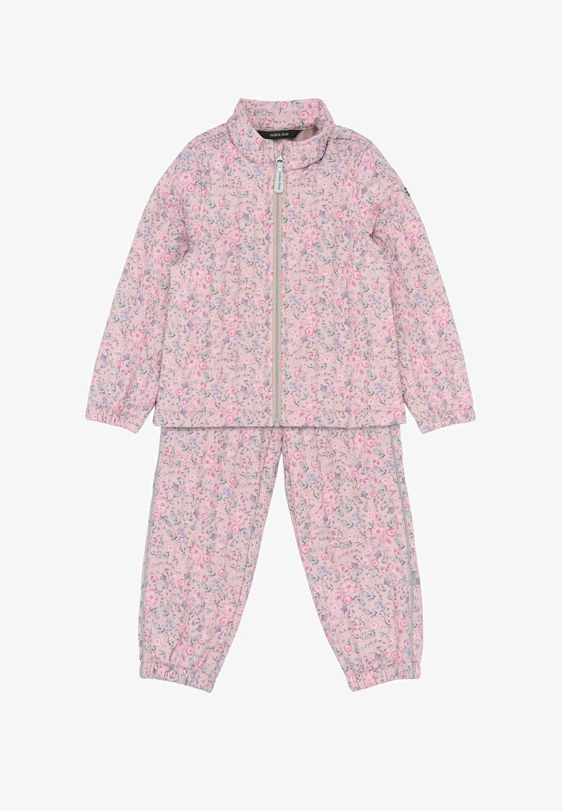 Børnesæt i to dele med pink blomsterprint, lynlåstrøje med elastiske manchetter og matchende bukser med elastisk kant.