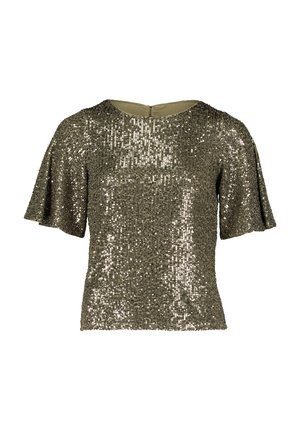 Haut à manches courtes en olive avec des embellissements en sequins ; il possède un col rond et une fermeture au dos en forme de clé.