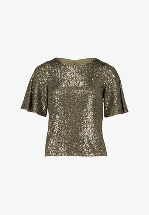 Haut à manches courtes en olive avec des embellissements en sequins ; il possède un col rond et une fermeture au dos en forme de clé.