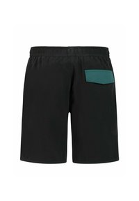 Sorte elastiske shorts med talje og en enkelt turkis lomme på det bageste højre side, vist bagfra.