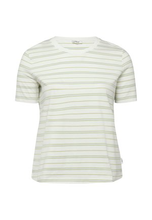 Weißes T-Shirt mit kurzen Ärmeln, hellgrünen horizontalen Streifen und rundem Ausschnitt, vor einem schlichten weißen Hintergrund präsentiert.