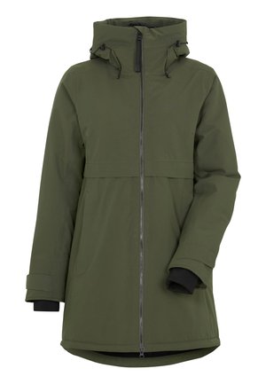 Maslinasto zelena vodootporna jakna s patentnim zatvaračem sprijeda, podesivim kapuljačom i ležernim krojem. Sadrži crne unutrašnje manžete i suptilno brendiranje.