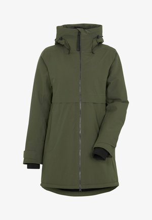 Maslinasto zelena vodootporna jakna s patentnim zatvaračem sprijeda, podesivim kapuljačom i ležernim krojem. Sadrži crne unutrašnje manžete i suptilno brendiranje.
