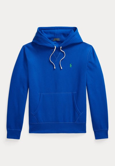 Sweat à capuche bleu avec poche avant, cordons blancs et petit logo vert Polo Ralph Lauren sur la poitrine gauche.