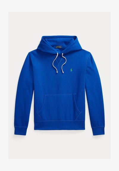 Sweat à capuche bleu avec poche avant, cordons blancs et petit logo vert Polo Ralph Lauren sur la poitrine gauche.
