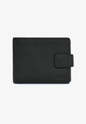 Czarny skórzany portfel o teksturowanej powierzchni, prostokątnym kształcie i bezpiecznym zapięciu. Posiada subtelne logo z przodu.