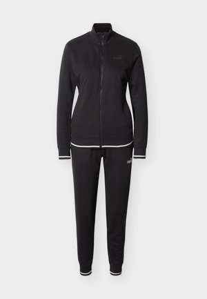 Schwarzer Trainingsanzug mit Sweatshirt und Hose, mit Reißverschluss-Design, gerippten Bündchen sowie weißen Akzenten am Bund und an den Ärmelsäumen.