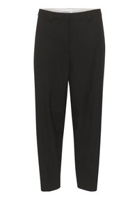 Černé kalhoty na míru s elegantním designem, vyrobené z jemného materiálu, se zúženými nohavicemi a klasickými předními kapsami.