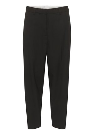 Pantalons noirs sur mesure avec un design épuré, présentant une texture lisse, des jambes fuselées et des poches avant classiques.