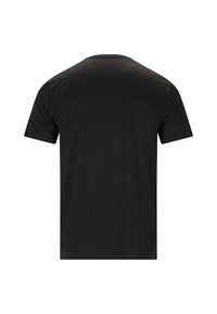 Svart kortärmad t-shirt gjord av mjukt tyg, med en klassisk rund halsringning och en enkel, slät baksidedesign.