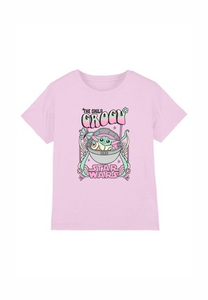 Light purple child’s T-shirt with pastel Baby Yoda in a hovering pod, surrounded by flowers, stars, and text "The Child Grogu Star Wars."