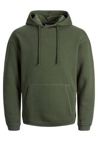 Olivegrüner Hoodie aus weichem Stoff, mit einer vorderen Tasche, verstellbarem Kapuzenzug und geprägtem "ORIGINALS"-Logo auf der Brust.