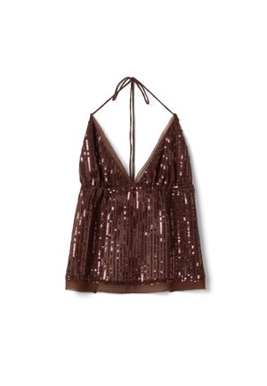Top marrón sin mangas con cuello halter en V pronunciado, cubierto de lentejuelas brillantes verticales y finas tiras que se atan detrás del cuello.