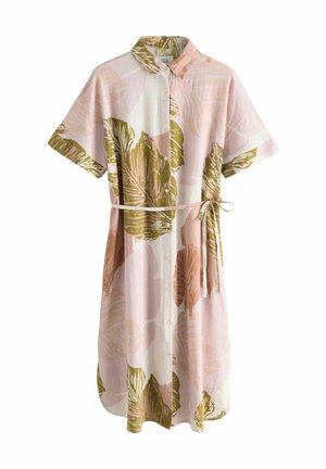 Robe midi boutonnée avec manches courtes, ceinture à nouer à la taille et grands imprimés de feuilles dans des tons rose pâle, beige et vert olive.
